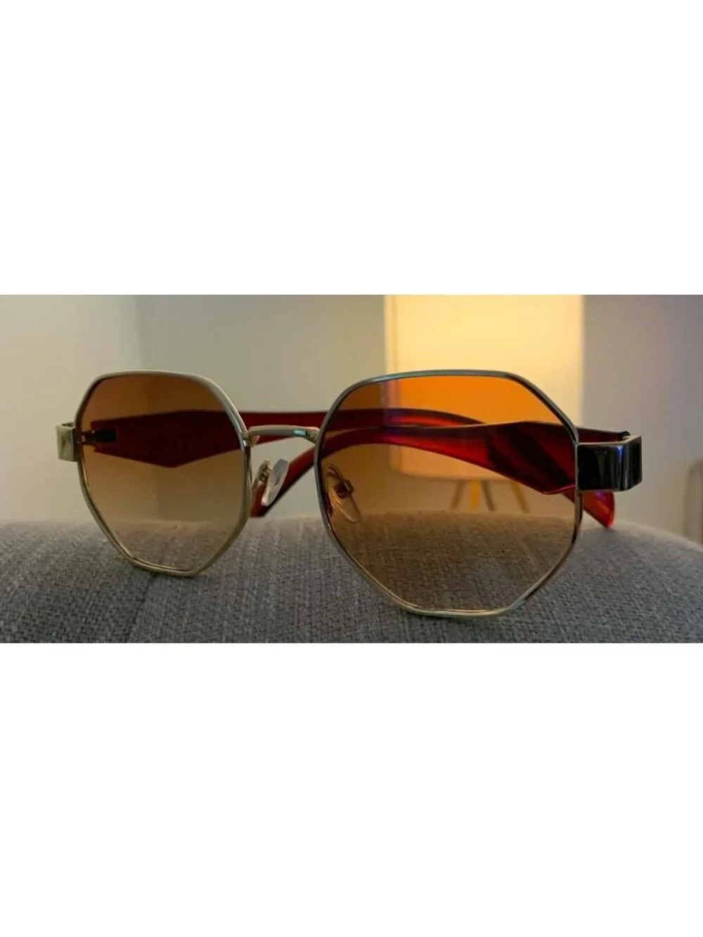 Unisex Vintage Style Octagonal Gold Frame Sunglasses W/ Gradient Tea Brown Lense